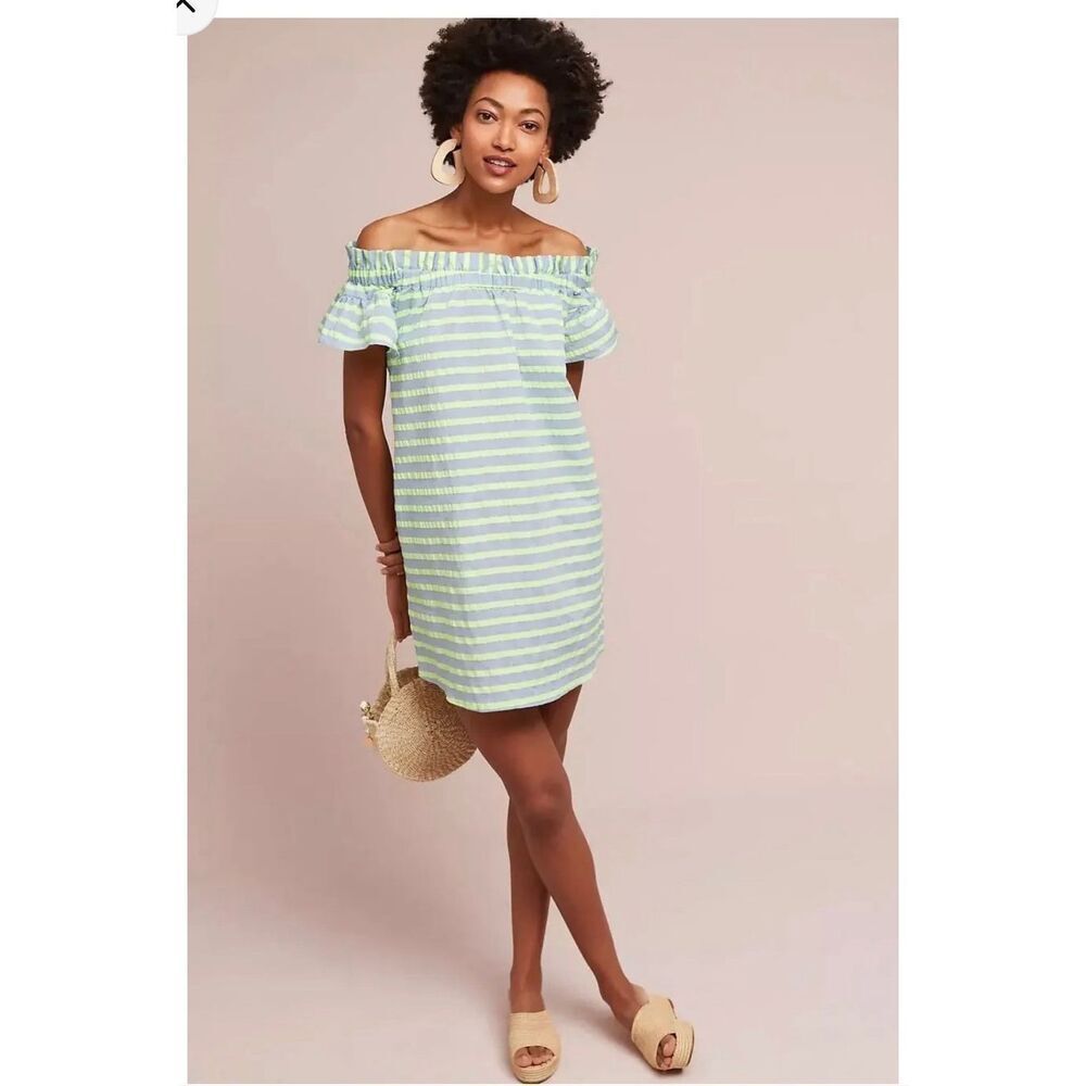 Anthropologie Corey Lynn caltero green neon gray striped of the shoulder XS dres